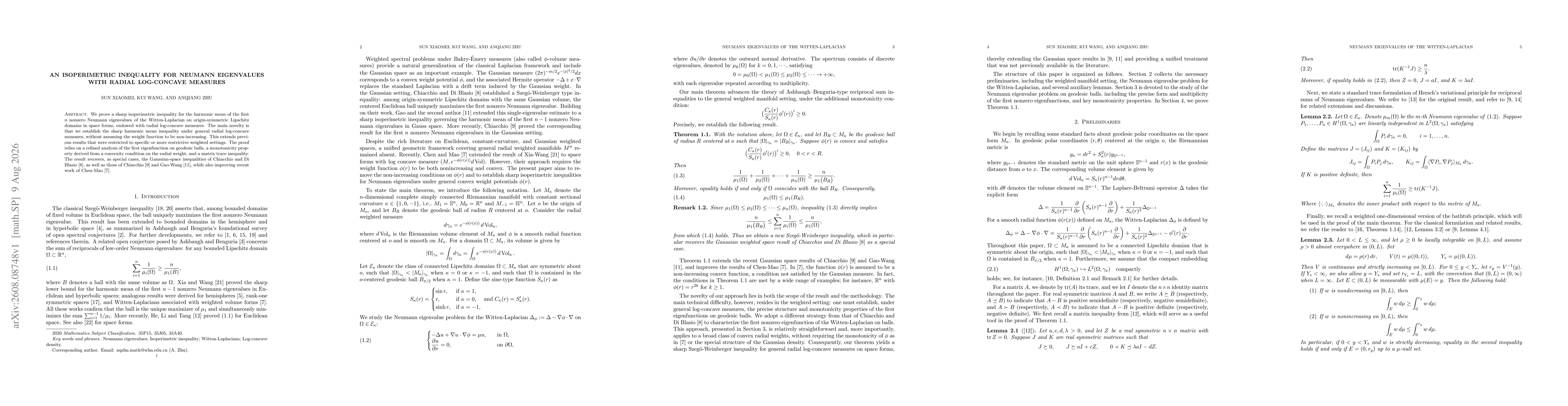 Thumbnail for An isoperimetric inequality for Neumann eigenvalues with radial log-concave measures