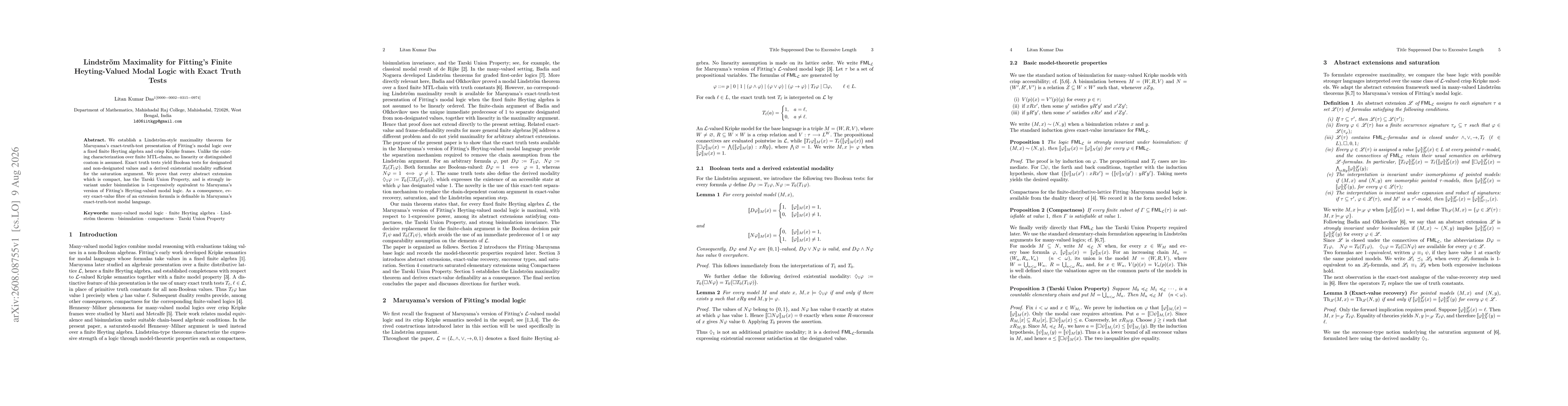 Thumbnail for Lindström Maximality for Fitting's Finite Heyting-Valued Modal Logic with Exact Truth Tests