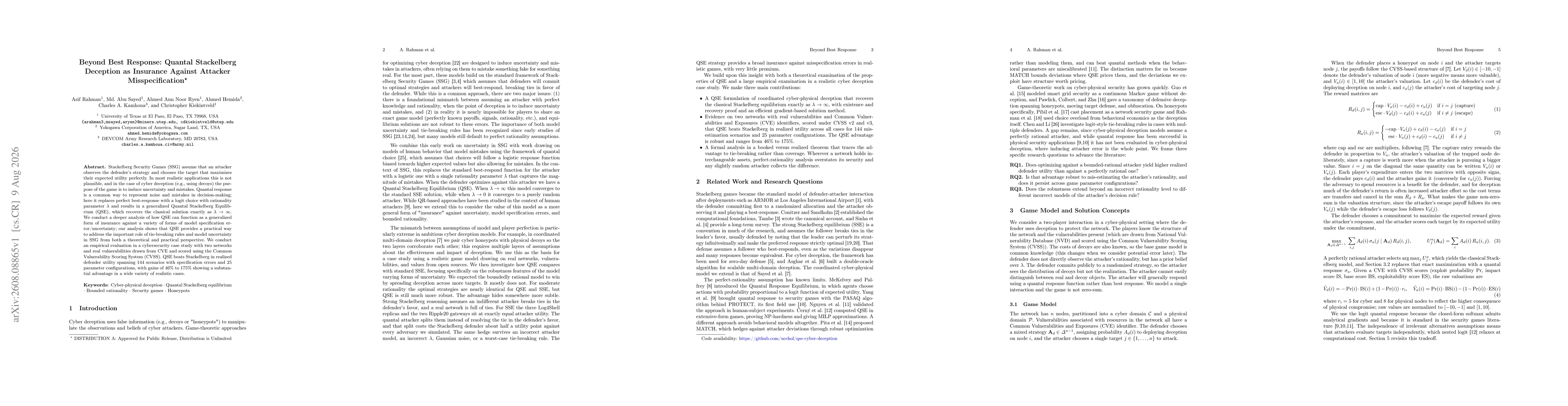 Thumbnail for Beyond Best Response: Quantal Stackelberg Deception as Insurance Against Attacker Misspecification