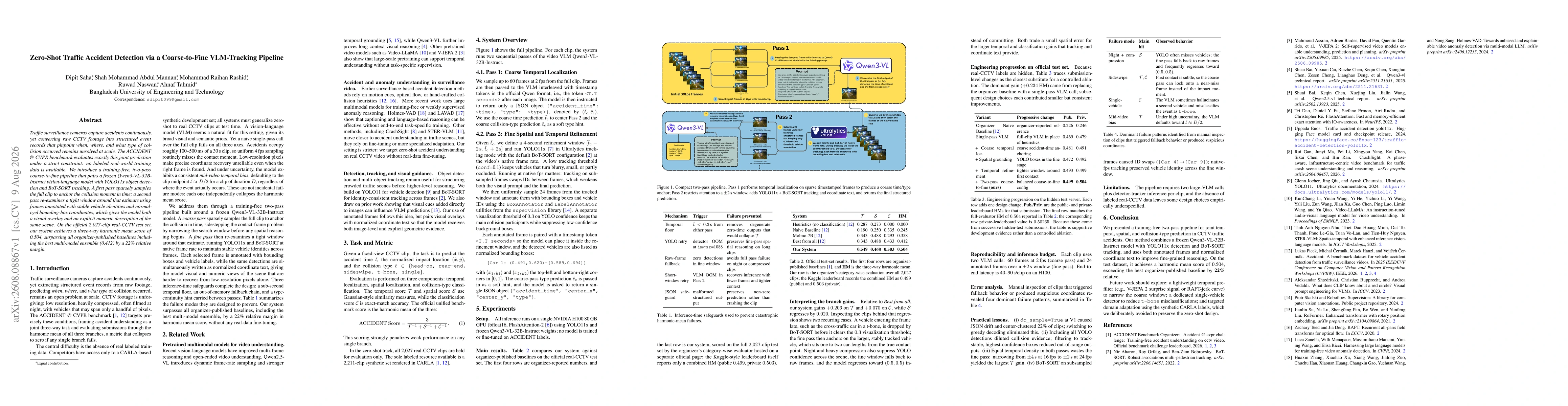 Thumbnail for Zero-Shot Traffic Accident Detection via a Coarse-to-Fine VLM-Tracking Pipeline