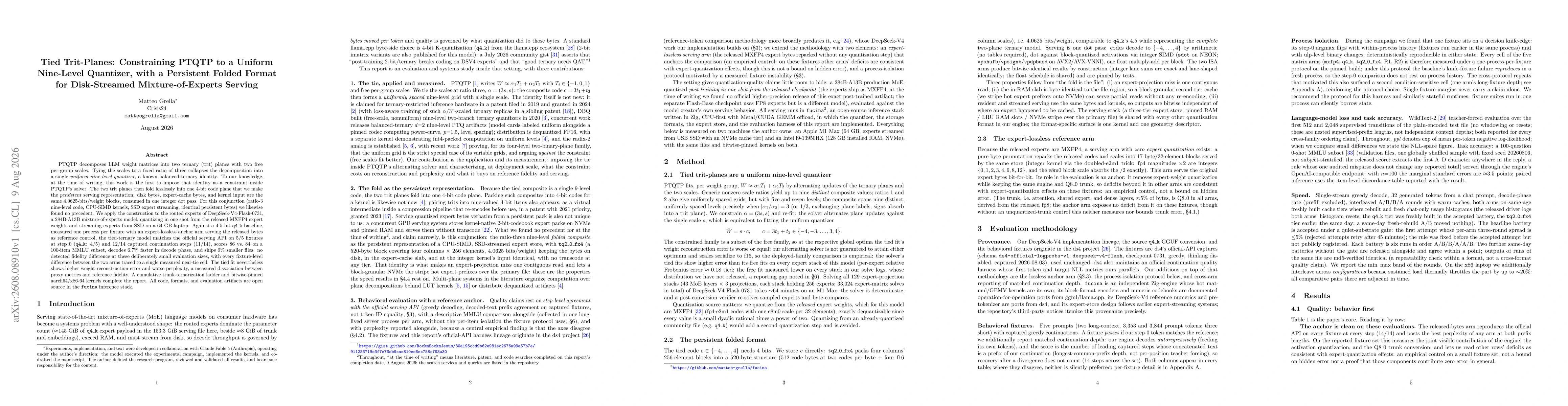 Thumbnail for Tied Trit-Planes: Constraining PTQTP to a Uniform Nine-Level Quantizer, with a Persistent Folded Format for Disk-Streamed Mixture-of-Experts Serving