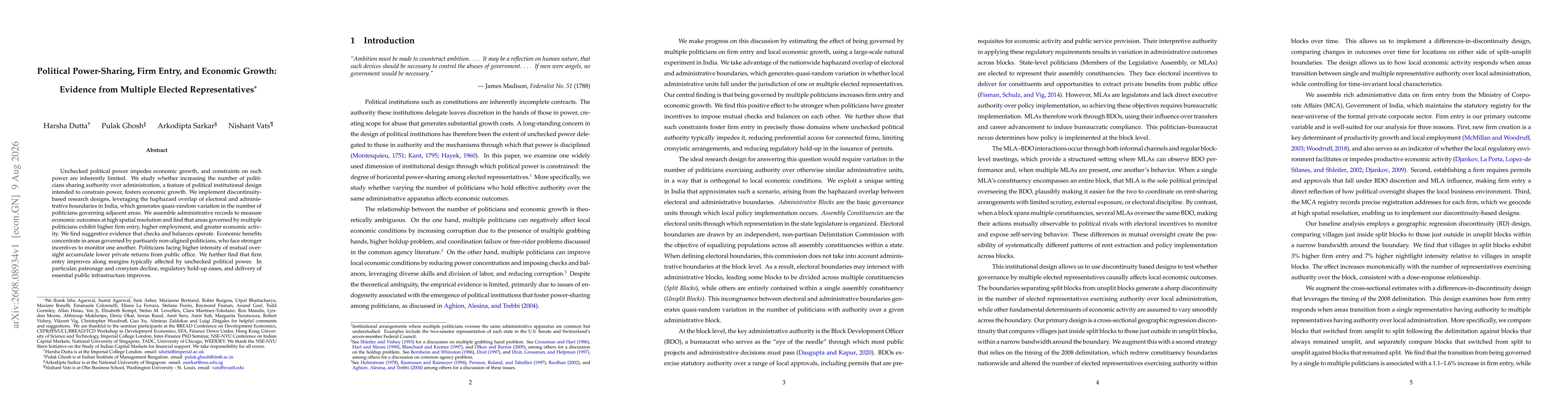 Thumbnail for Political Power-Sharing, Firm Entry, and Economic Growth: Evidence from Multiple Elected Representatives