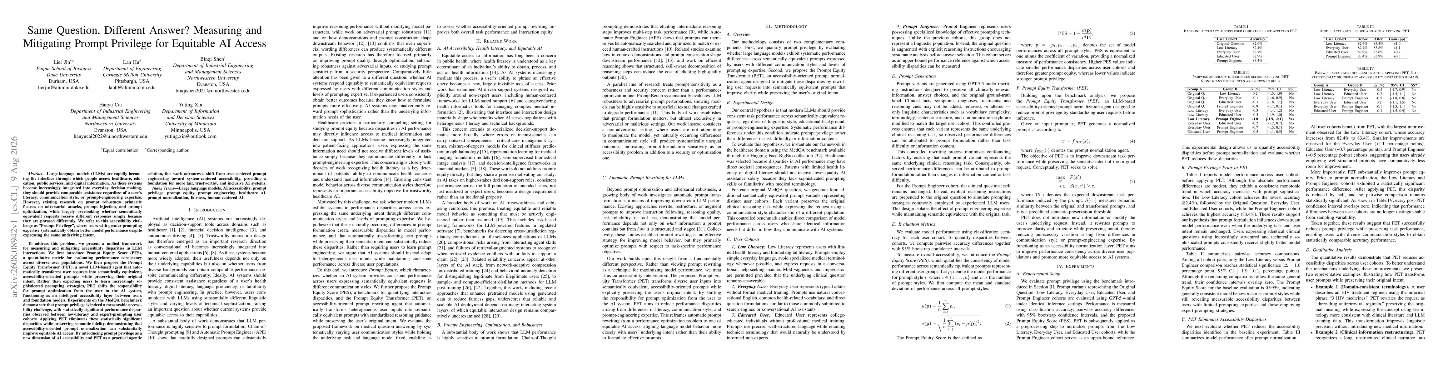 Thumbnail for Same Question, Different Answer? Measuring and Mitigating Prompt Privilege for Equitable AI Access