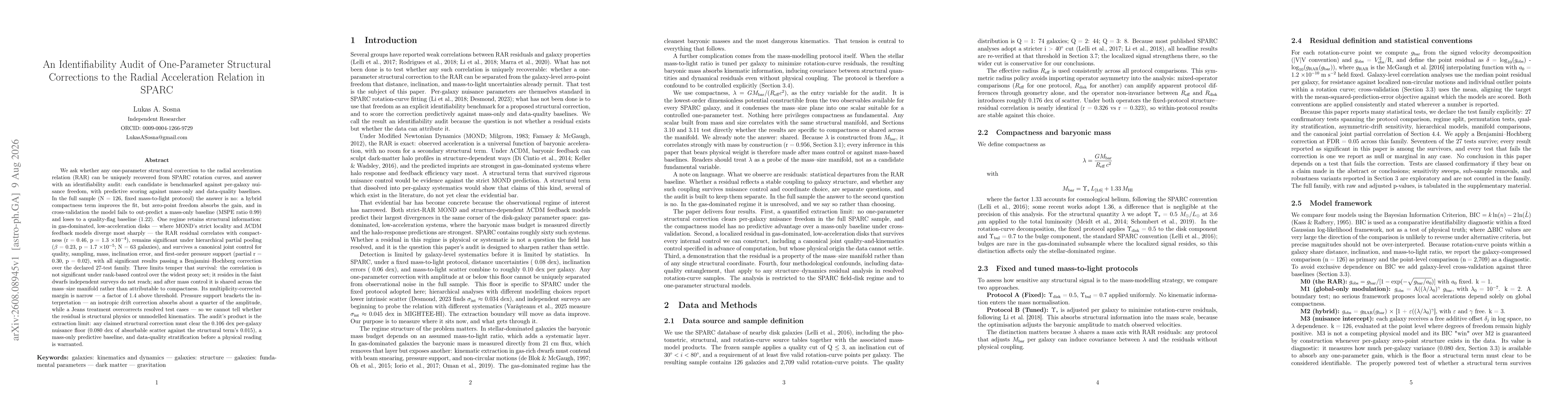 Thumbnail for An Identifiability Audit of One-Parameter Structural Corrections to the Radial Acceleration Relation in SPARC