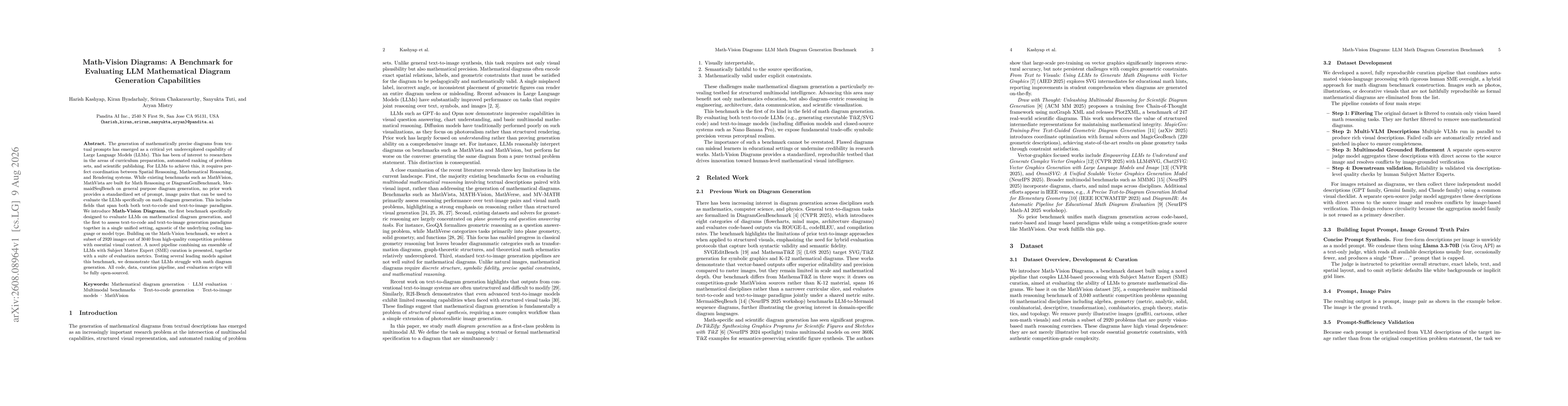 Thumbnail for Math-Vision Diagrams: A Comprehensive Benchmark for Evaluating LLM Mathematical Diagram Generation Capabilities