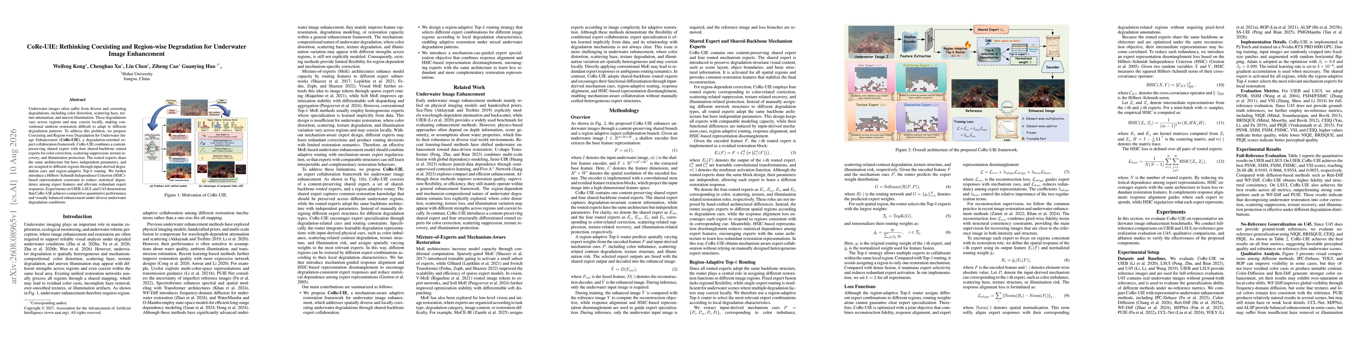 Thumbnail for CoRe-UIE: Rethinking Coexisting and Region-wise Degradation for Underwater Image Enhancement