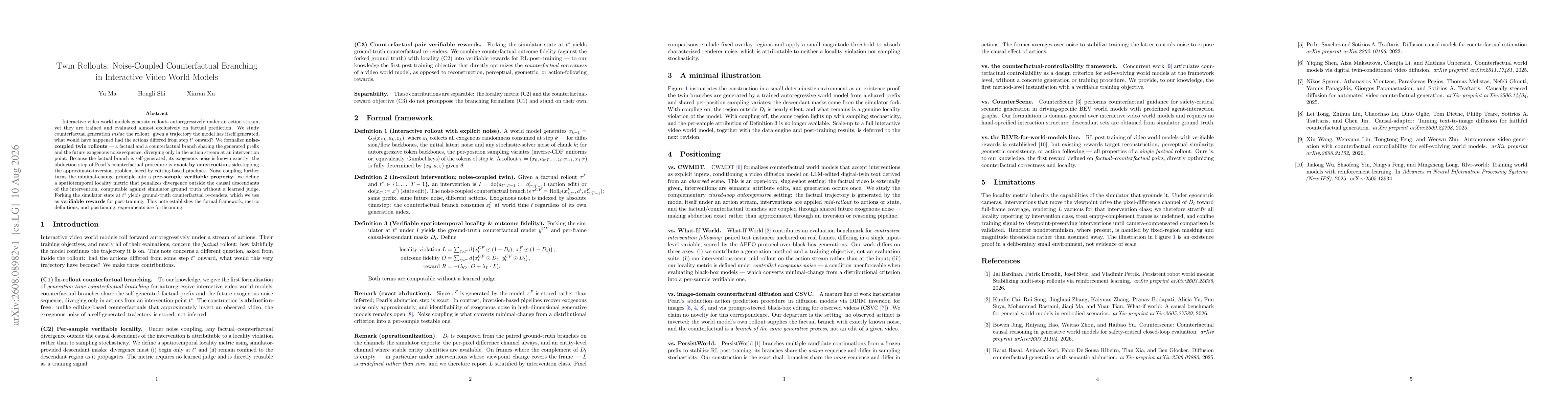 Thumbnail for Twin Rollouts: Noise-Coupled Counterfactual Branching in Interactive Video World Models