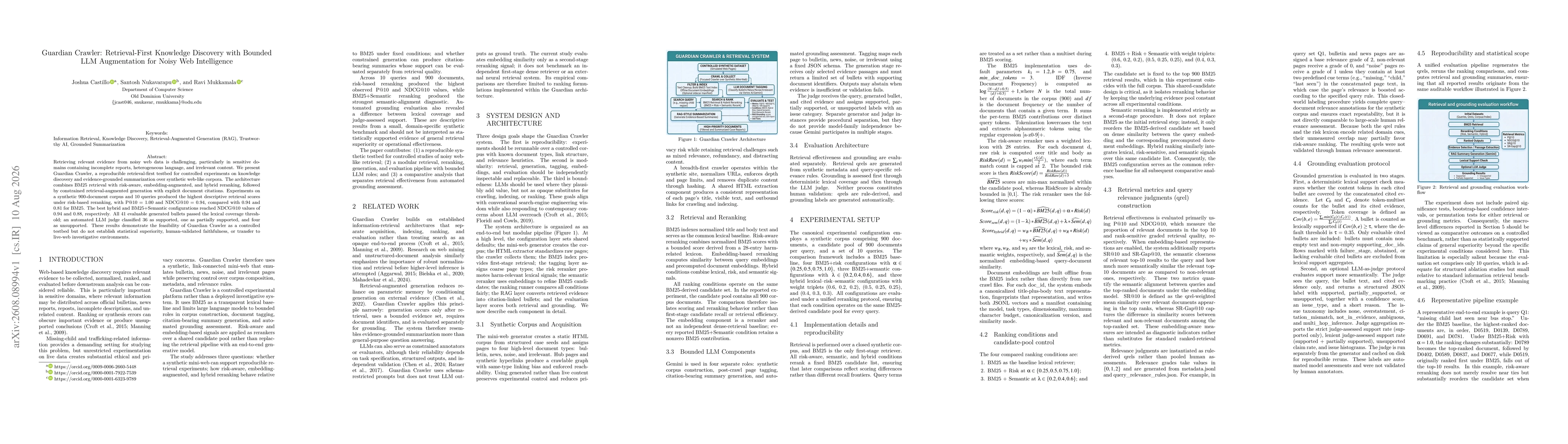 Thumbnail for Guardian Crawler: Retrieval-First Knowledge Discovery with Bounded LLM Augmentation for Noisy Web Intelligence