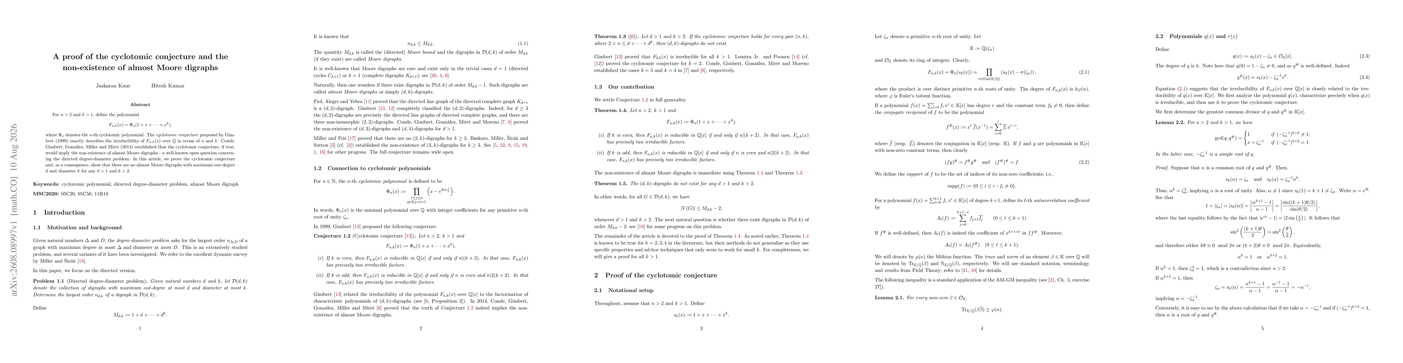 Thumbnail for A proof of the cyclotomic conjecture and the non-existence of almost Moore digraphs