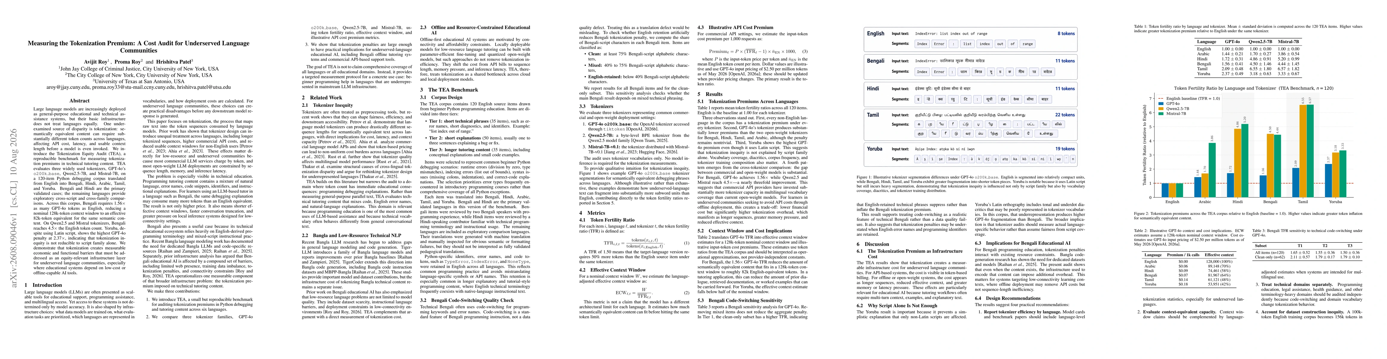Thumbnail for Measuring the Tokenization Premium: A Cost Audit for Underserved Language Communities