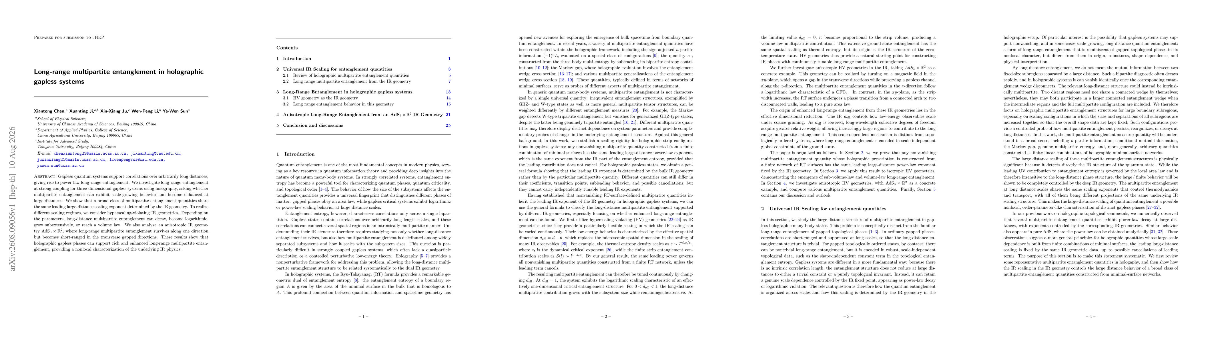 Thumbnail for Long-range multipartite entanglement in holographic gapless systems