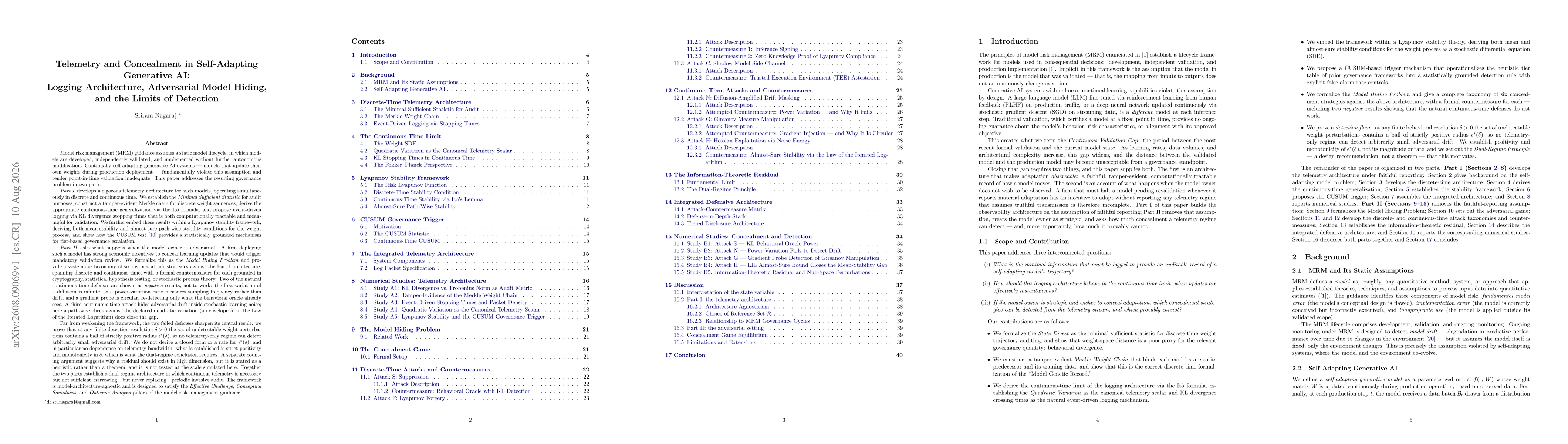 Thumbnail for Telemetry and Concealment in Self-Adapting Generative AI: Logging Architecture, Adversarial Model Hiding, and the Limits of Detection
