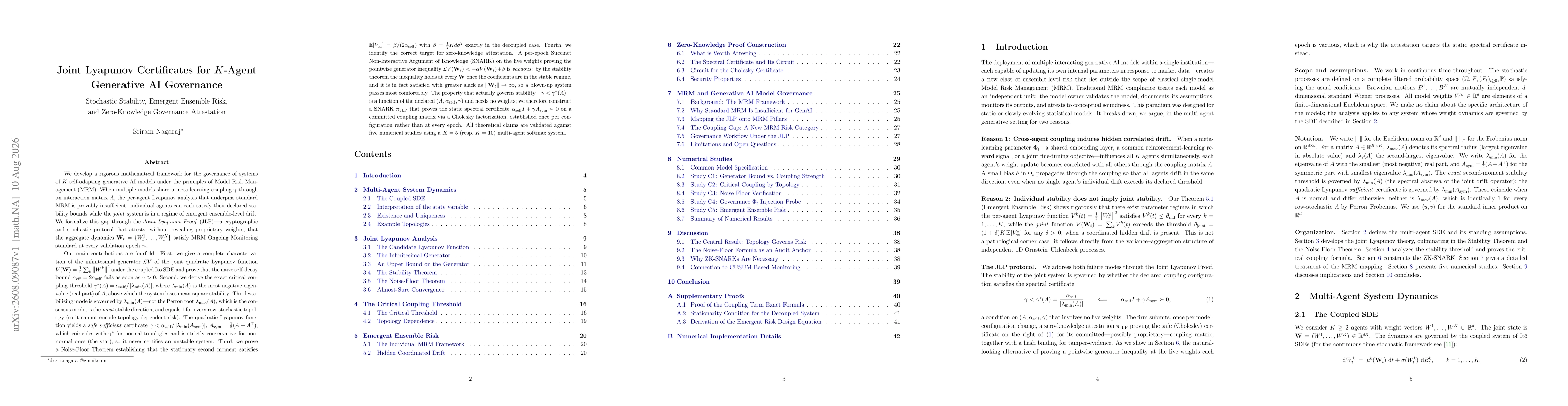 Thumbnail for Joint Lyapunov Certificates for K-Agent Generative AI Governance: Stochastic Stability, Emergent Ensemble Risk, and Zero-Knowledge Governance Attestation
