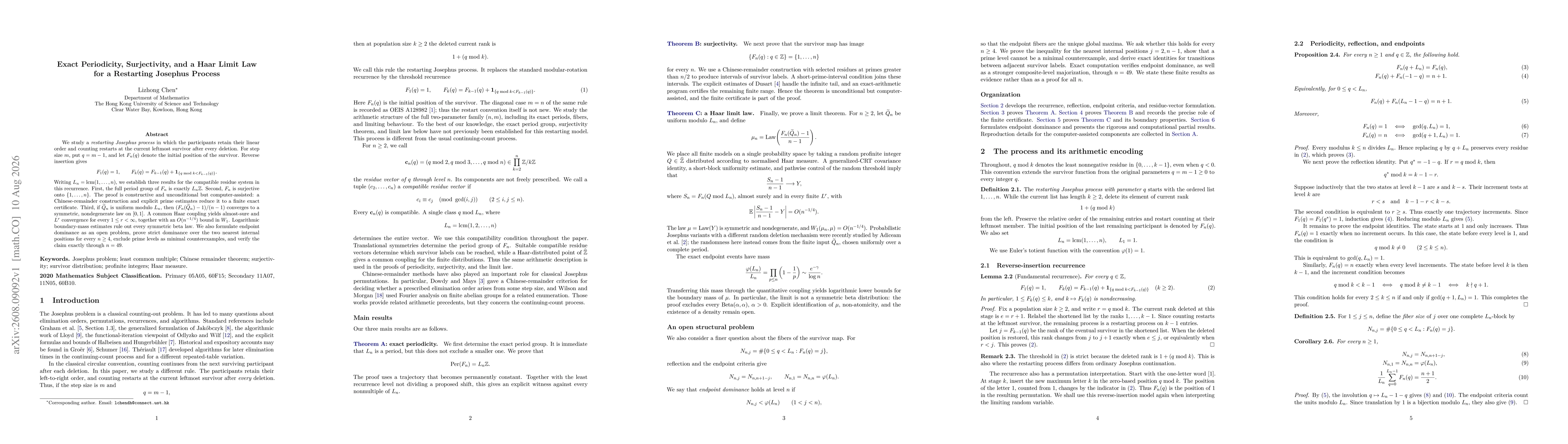 Thumbnail for Exact Periodicity, Surjectivity, and a Haar Limit Law for a Restarting Josephus Process