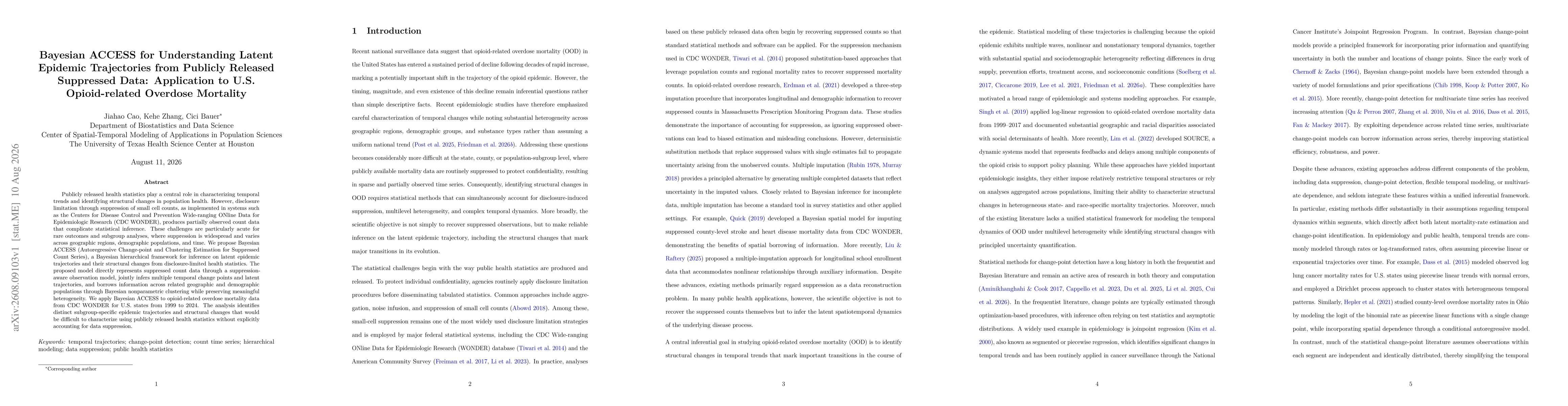 Thumbnail for Bayesian ACCESS for Understanding Latent Epidemic Trajectories from Publicly Released Suppressed Data: Application to U.S. Opioid-related Overdose Mortality
