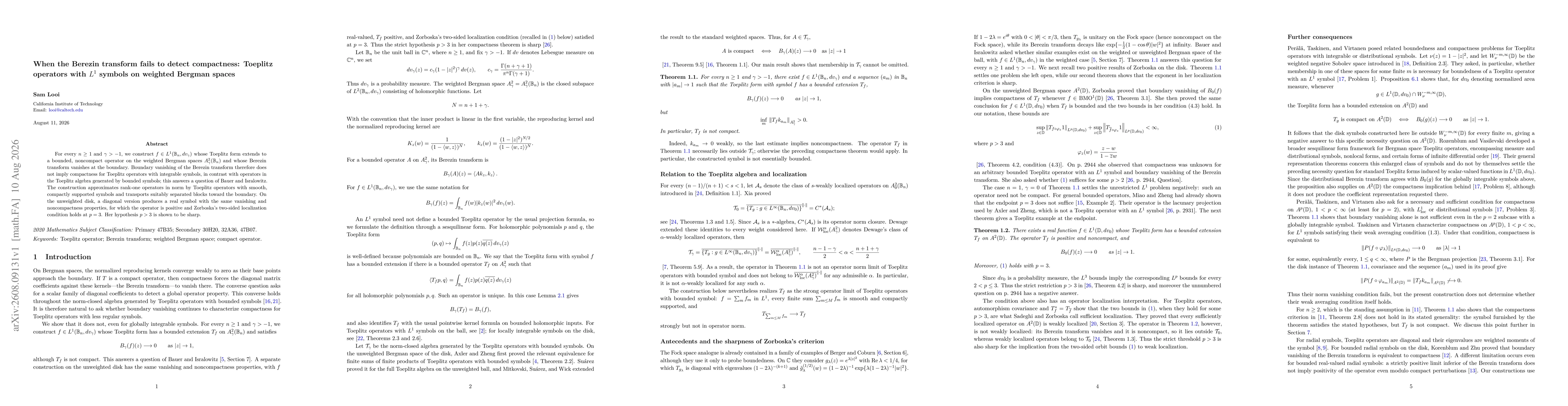 Thumbnail for When the Berezin transform fails to detect compactness: Toeplitz operators with $L^1$ symbols on weighted Bergman spaces