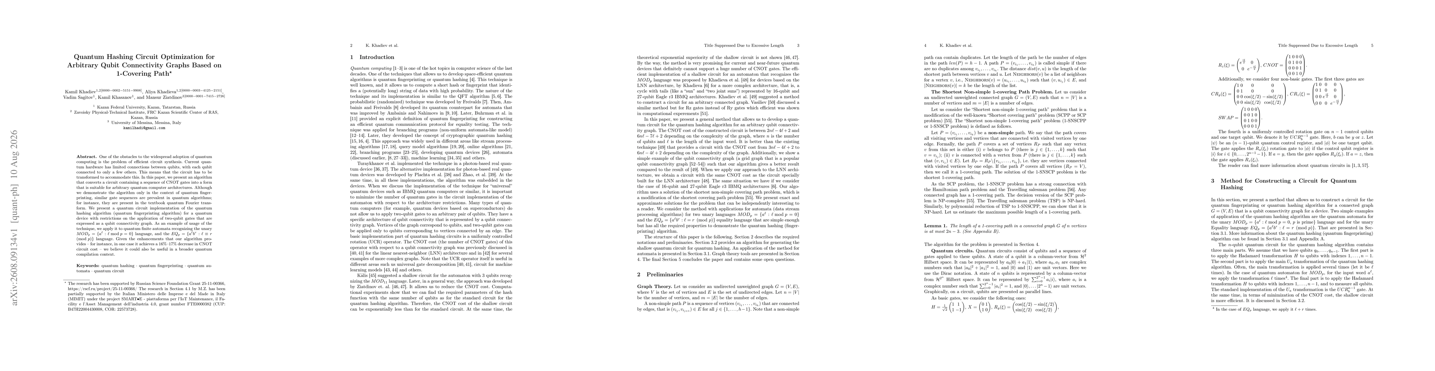 Thumbnail for Quantum Hashing Circuit Optimization for Arbitrary Qubit Connectivity Graphs Based on 1-Covering Path