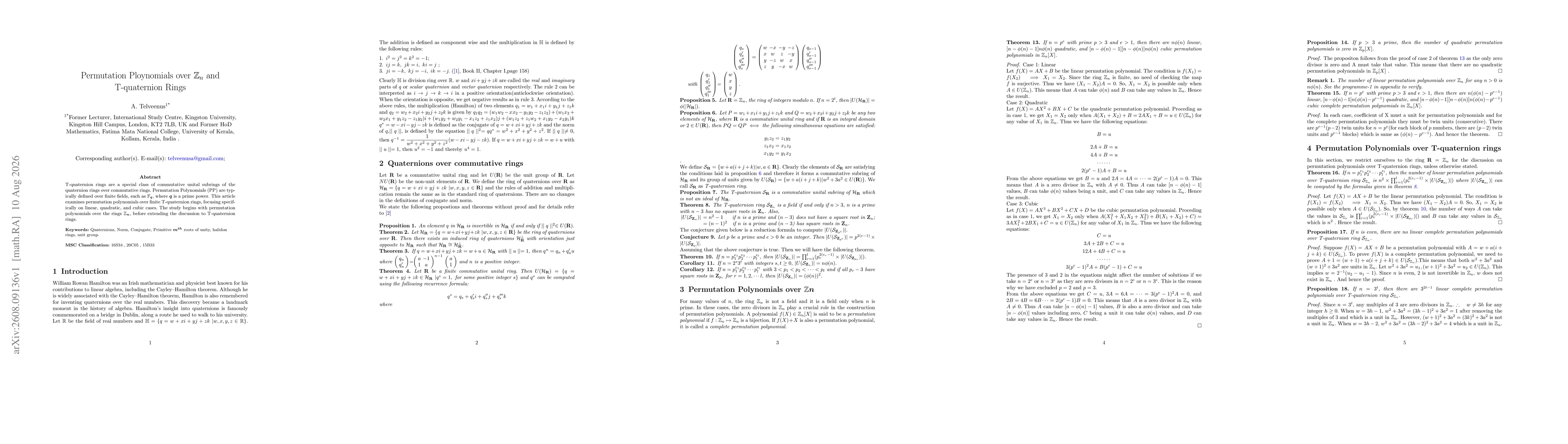 Thumbnail for Permutation Ploynomials over $\mathbb{Z}_{n}$ and T-quaternion Rings