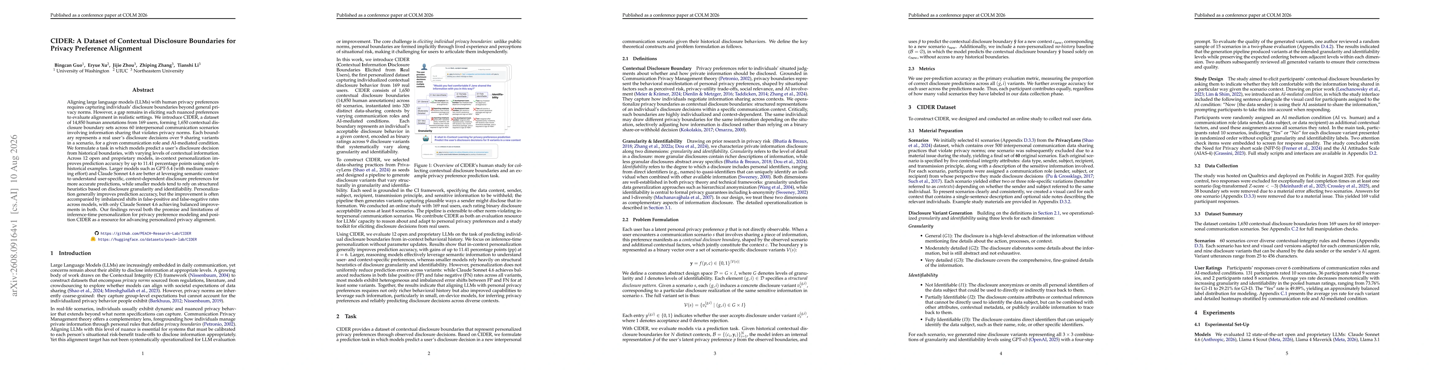 Thumbnail for CIDER: A Dataset of Contextual Disclosure Boundaries for Privacy Preference Alignment