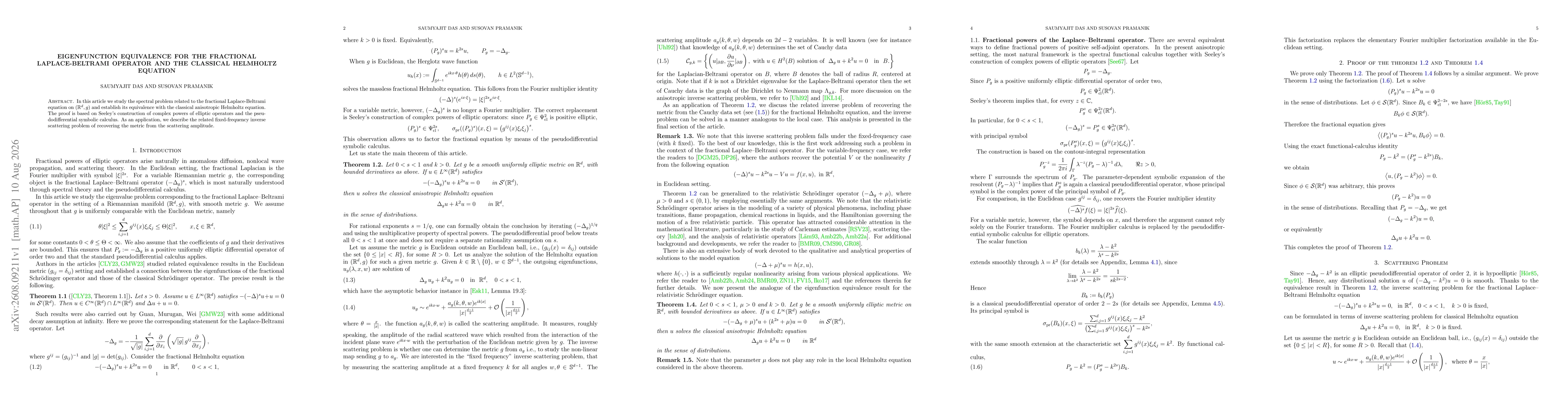 Thumbnail for Eigenfunction equivalence for the fractional Laplace-Beltrami operator and the classical Helmholtz equation