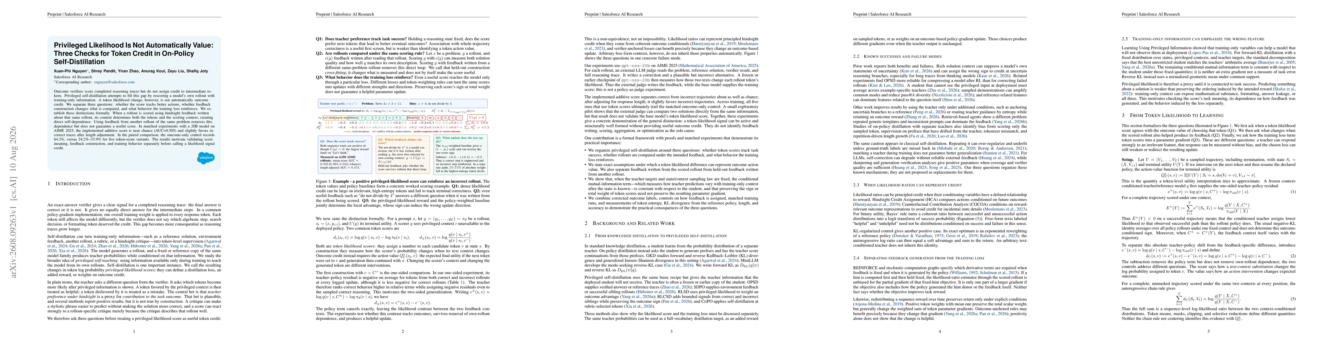 Thumbnail for Privileged Likelihood Is Not Automatically Value: Three Checks for Token Credit in On-Policy Self-Distillation