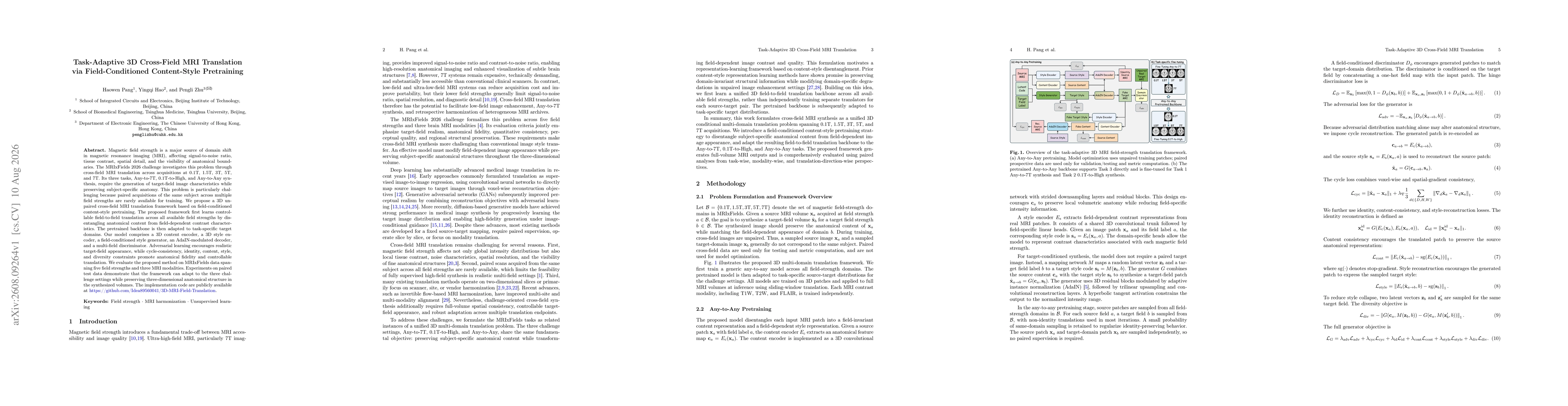 Thumbnail for Task-Adaptive 3D Cross-Field MRI Translation via Field-Conditioned Content-Style Pretraining