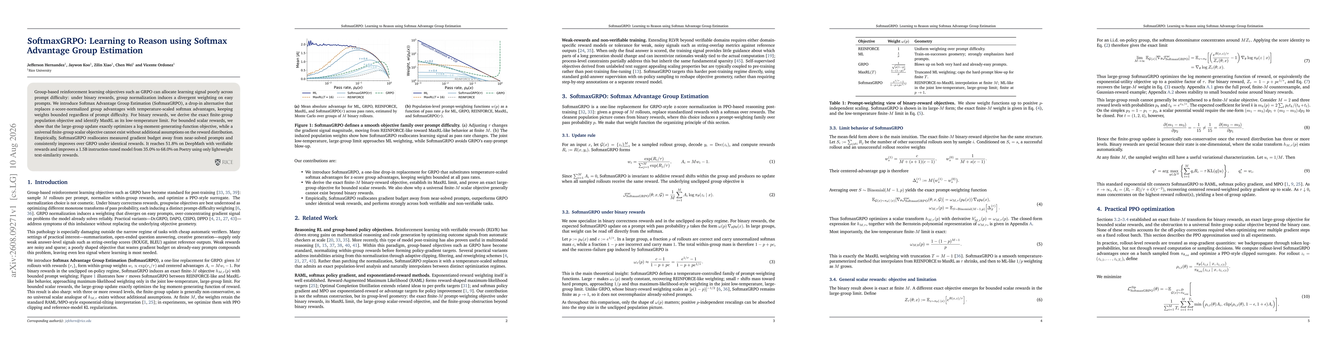 Thumbnail for SoftmaxGRPO: Learning to Reason using Softmax Advantage Group Estimation