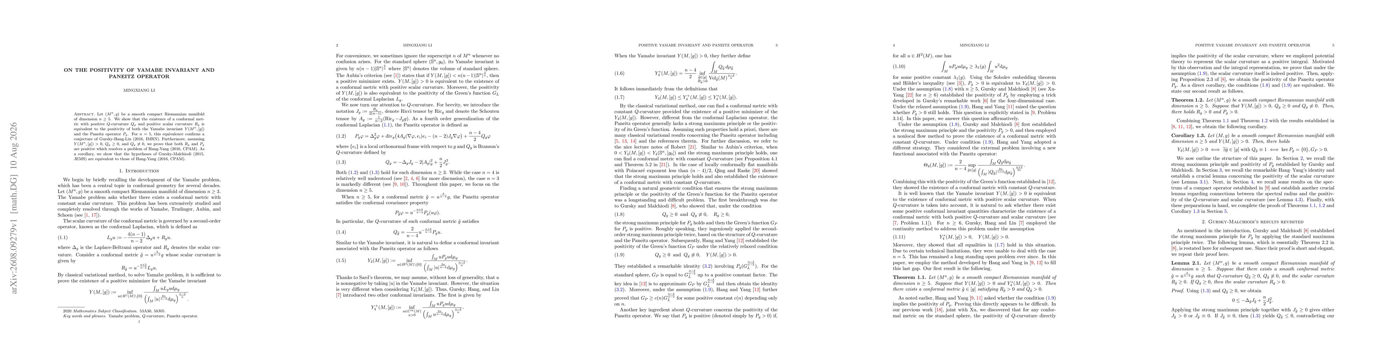 Thumbnail for On the positivity of Yamabe invariant and Paneitz operator