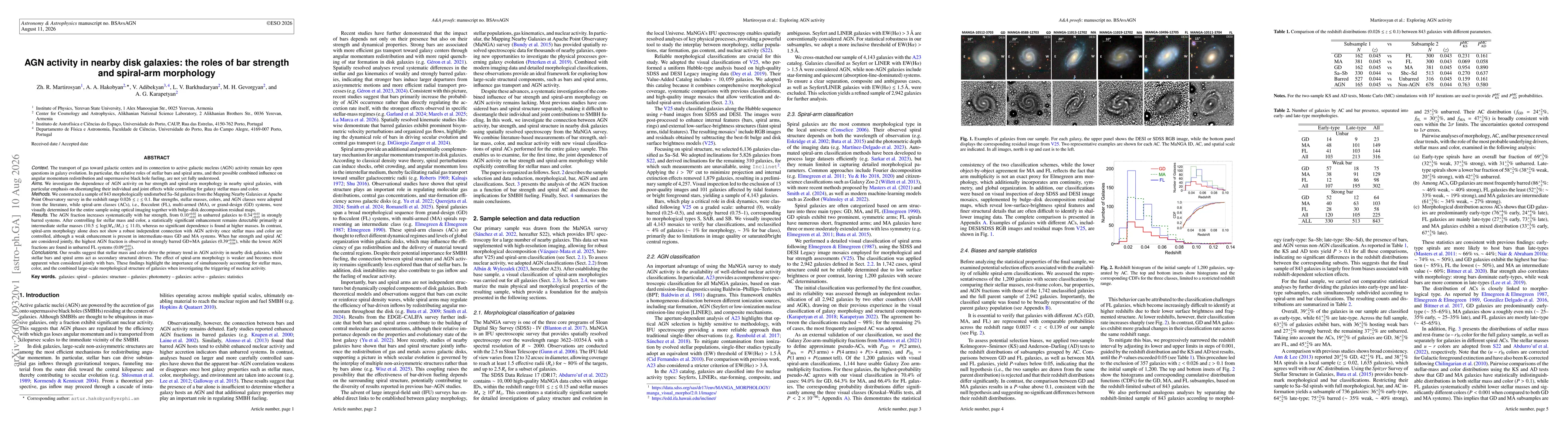 Thumbnail for AGN activity in nearby disk galaxies: the roles of bar strength and spiral-arm morphology
