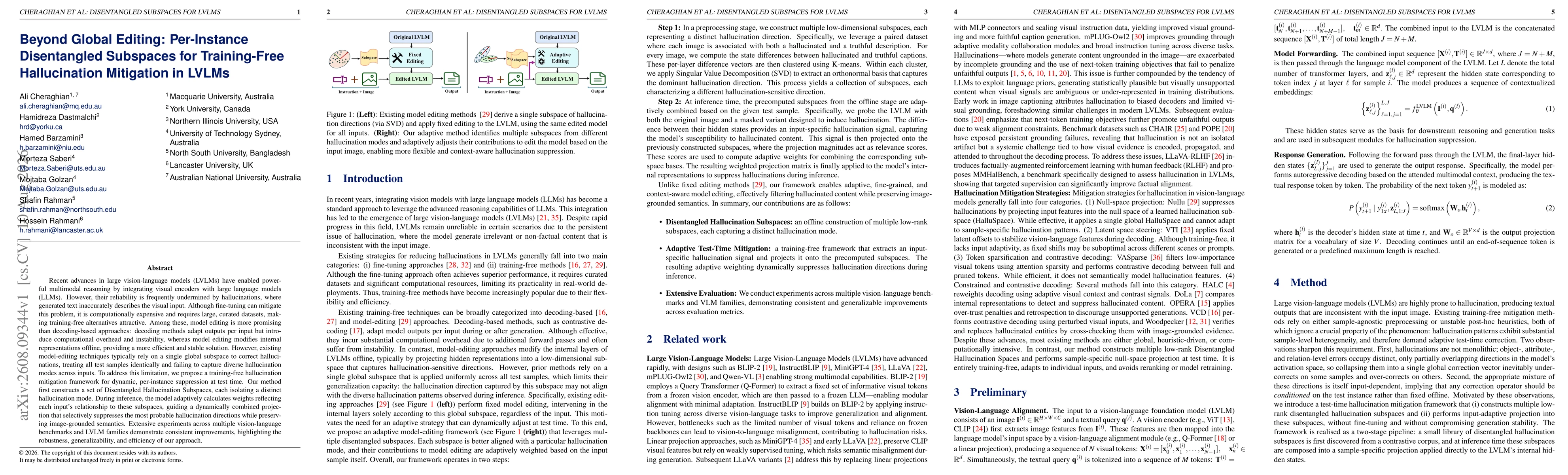 Thumbnail for Beyond Global Editing: Per-Instance Disentangled Subspaces for Training-Free Hallucination Mitigation in LVLMs
