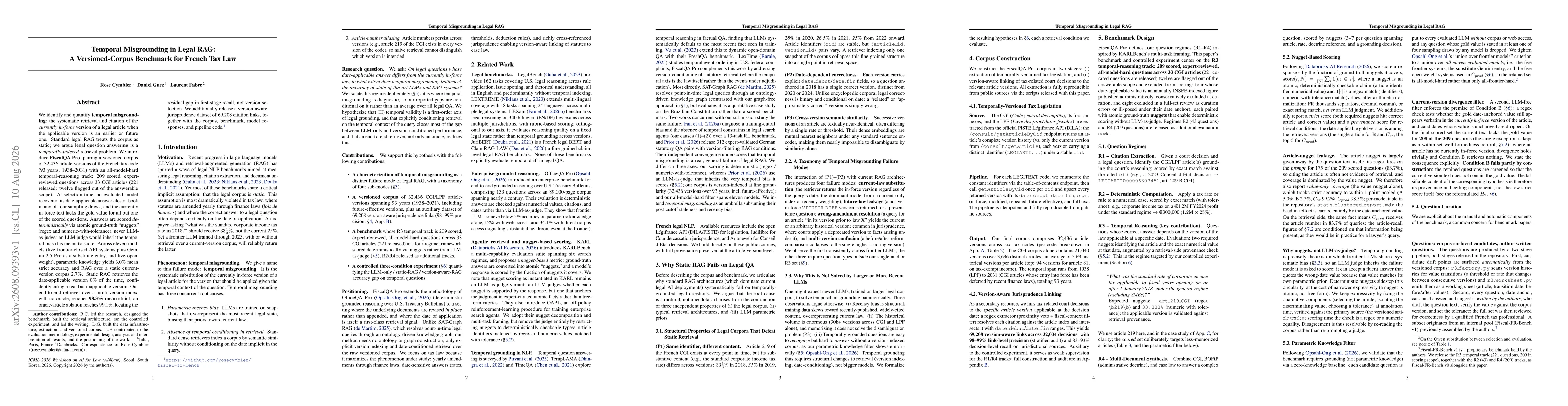 Thumbnail for Temporal Misgrounding in Legal RAG: A Versioned-Corpus Benchmark for French Tax Law