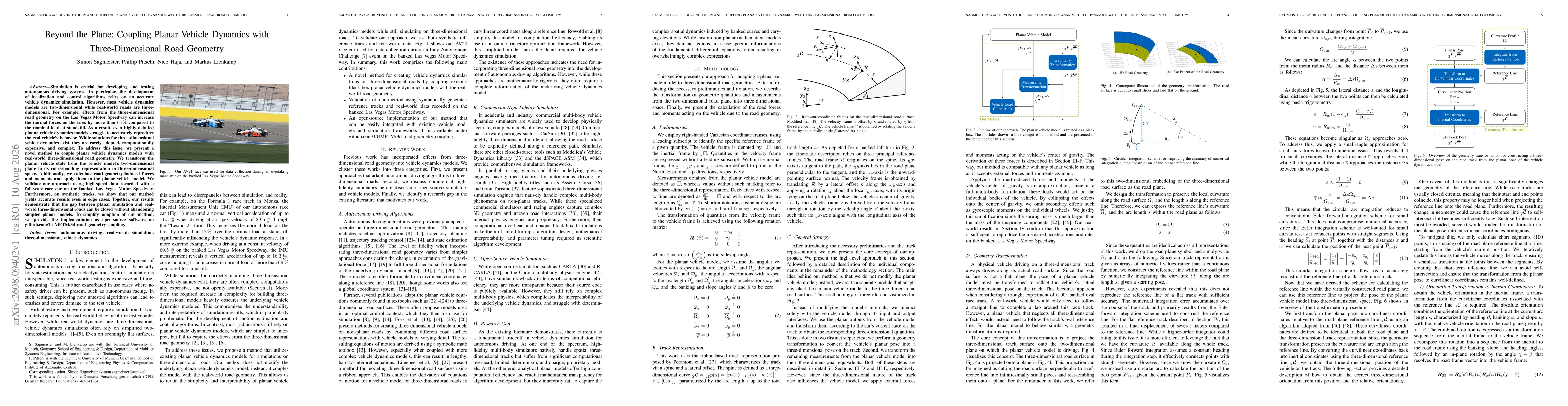 Thumbnail for Beyond the Plane: Coupling Planar Vehicle Dynamics with Three-Dimensional Road Geometry