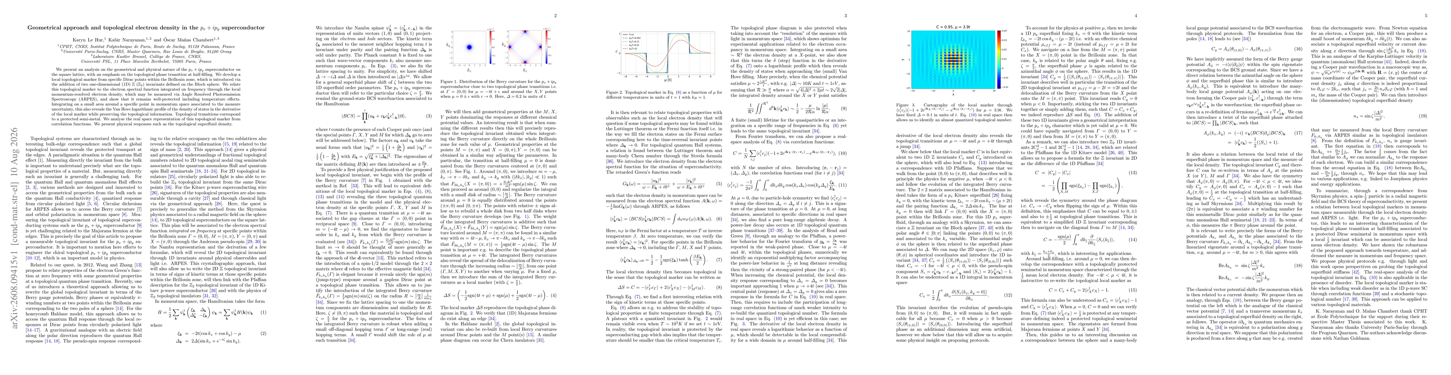 Thumbnail for Geometrical approach and topological electron density in the $p_x + ip_y$ superconductor