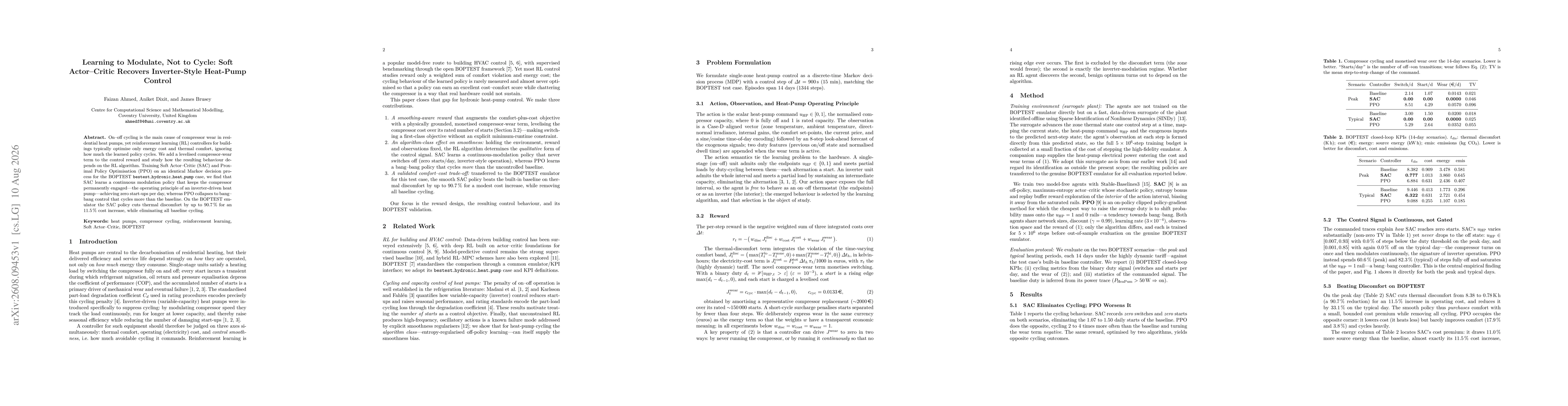 Thumbnail for Learning to Modulate, Not to Cycle: Soft Actor---Critic Recovers Inverter-Style Heat-Pump Control