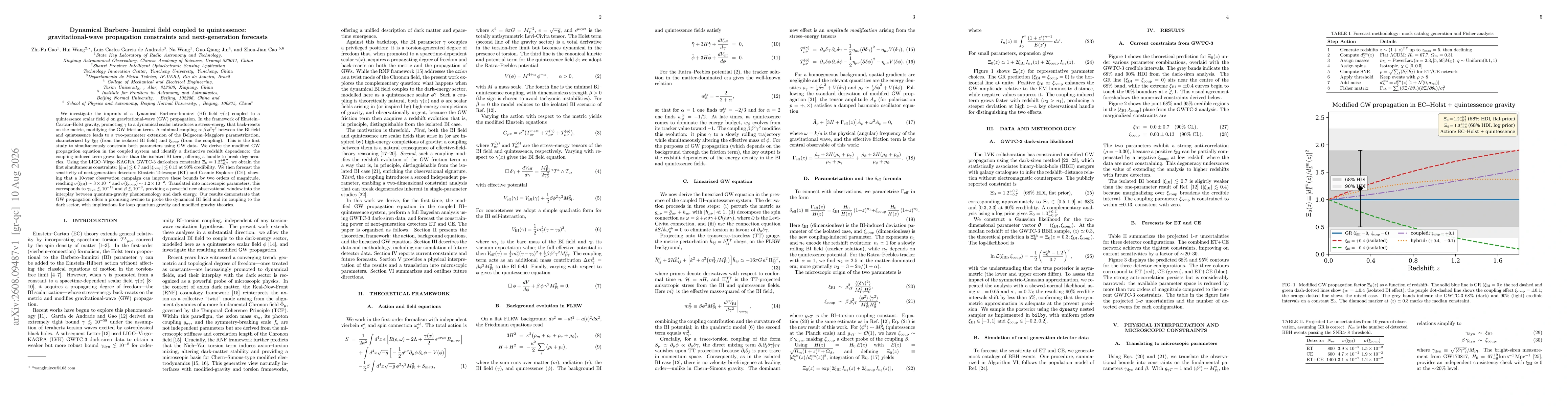 Thumbnail for Dynamical Barbero--Immirzi field coupled to quintessence: gravitational-wave propagation constraints and next-generation forecasts