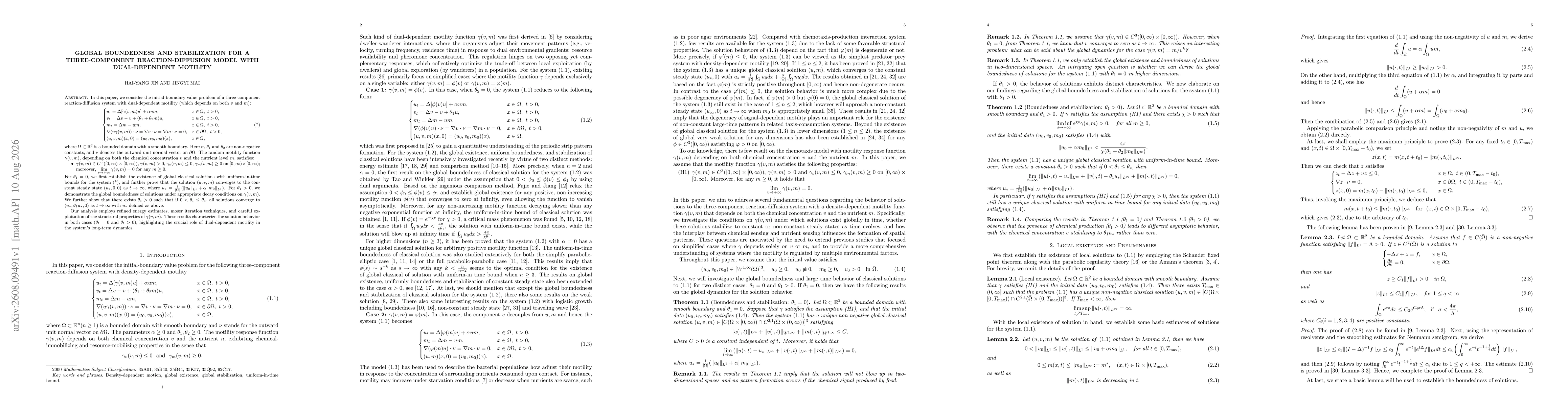Thumbnail for Global boundedness and stabilization for a three-component reaction-diffusion model with dual-dependent motility