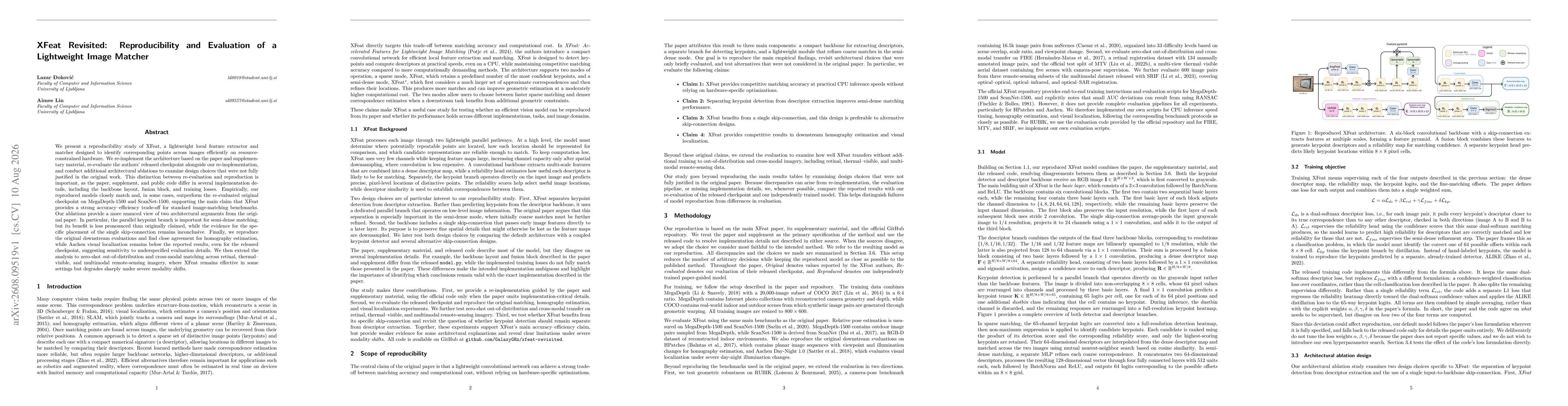 Thumbnail for XFeat Revisited: Reproducibility and Evaluation of a Lightweight Image Matcher