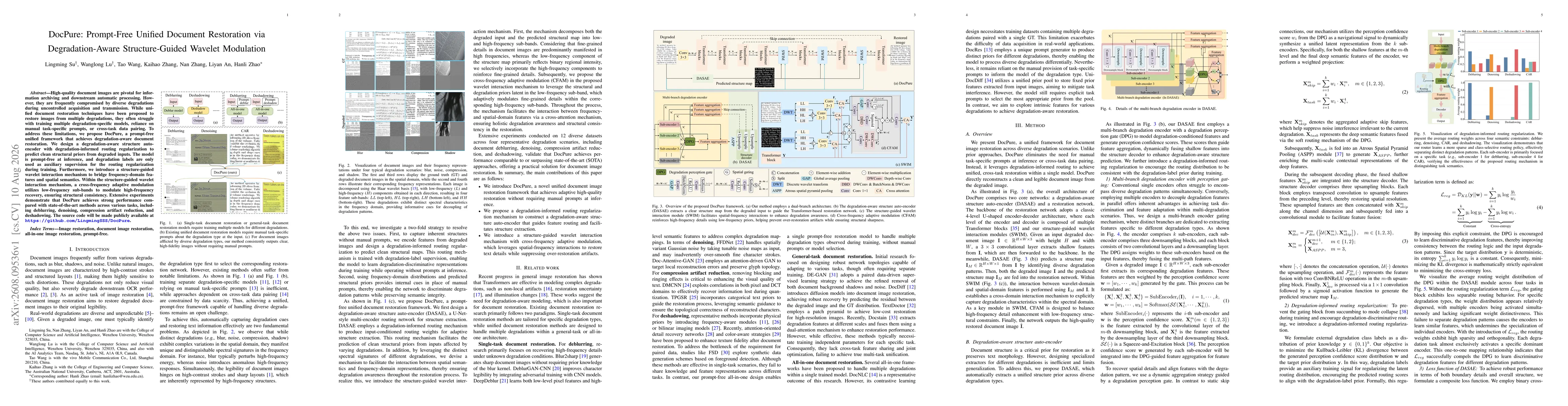 Thumbnail for DocPure: Prompt-Free Unified Document Restoration via Degradation-Aware Structure-Guided Wavelet Modulation