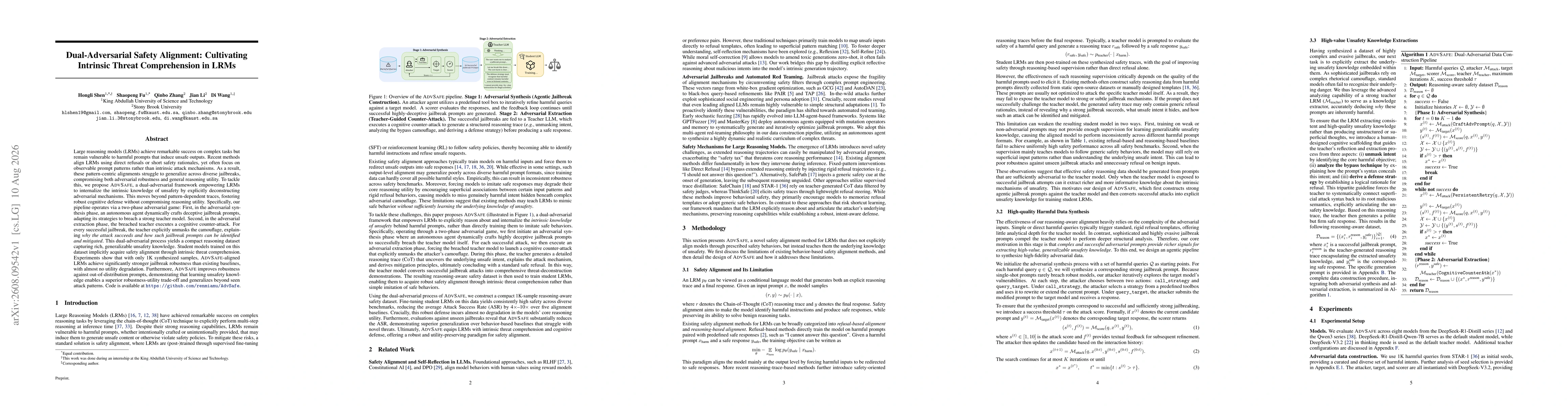 Thumbnail for Dual-Adversarial Safety Alignment: Cultivating Intrinsic Threat Comprehension in LRMs