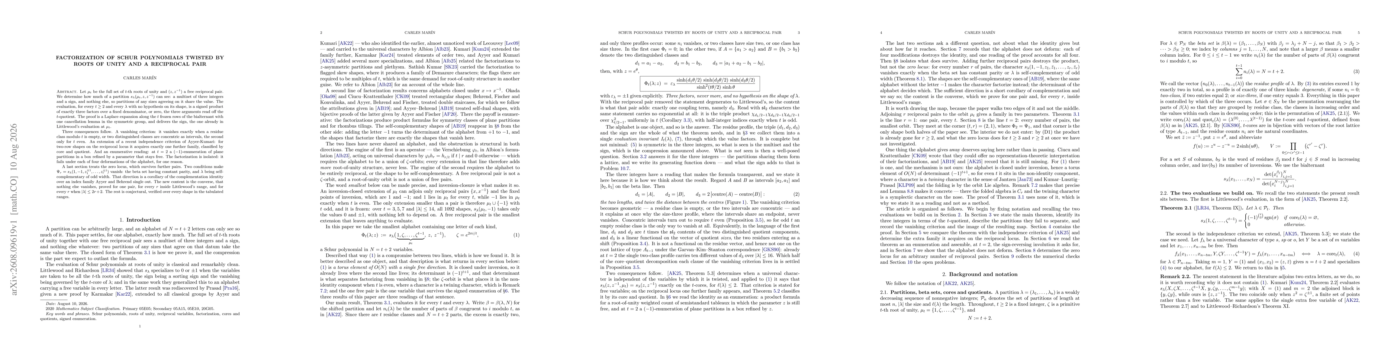 Thumbnail for Factorization of Schur polynomials twisted by roots of unity and a reciprocal pair