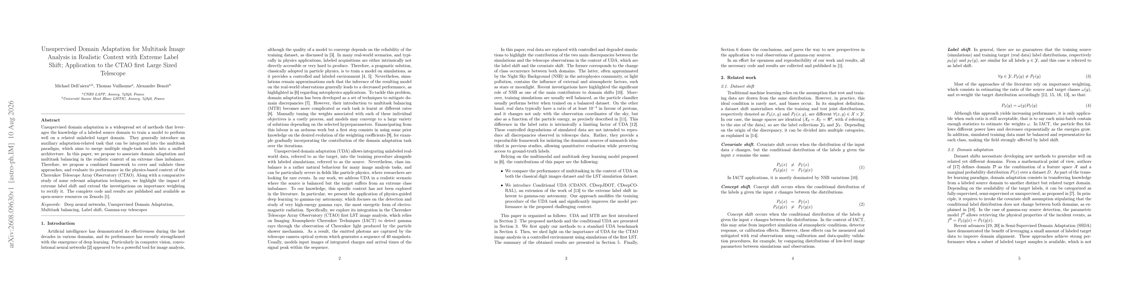Thumbnail for Unsupervised Domain Adaptation for Multitask Image Analysis in Realistic Context with Extreme Label Shift; Application to the CTAO first Large Sized Telescope