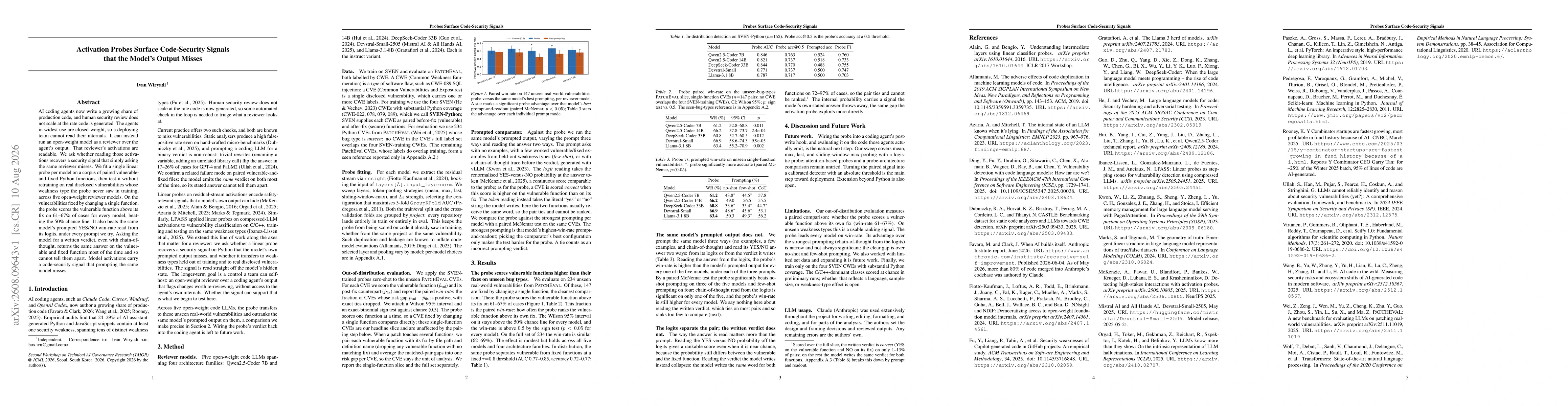 Thumbnail for Activation Probes Surface Code-Security Signals that the Model's Output Misses