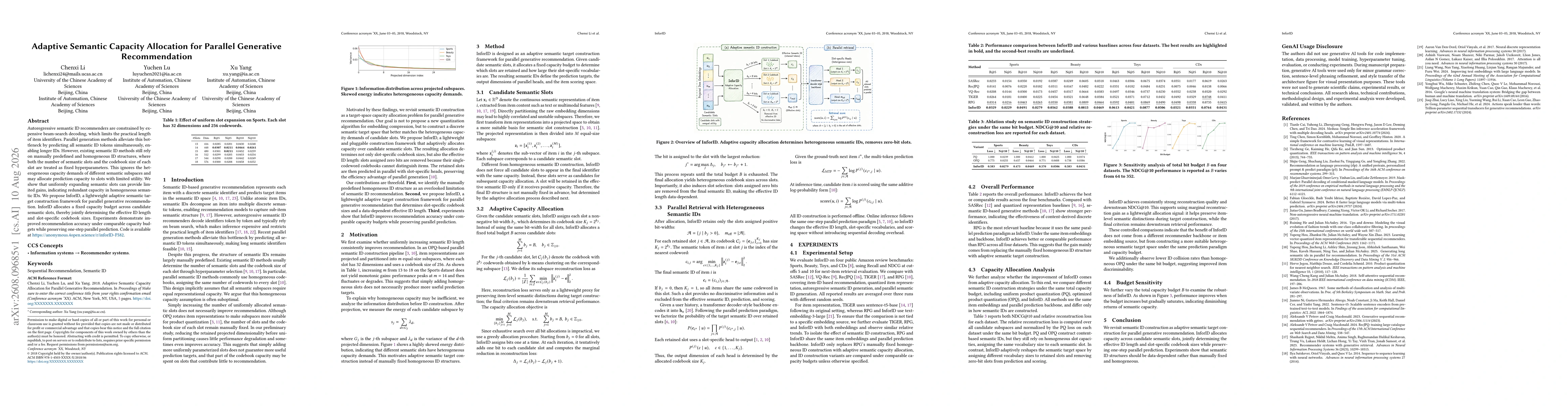 Thumbnail for Adaptive Semantic Capacity Allocation for Parallel Generative Recommendation