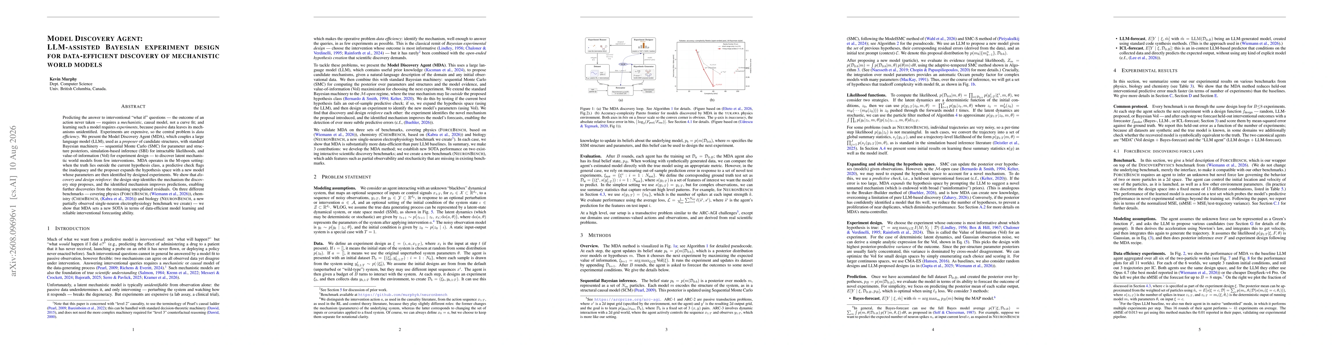 Thumbnail for Model Discovery Agent: LLM-assisted Bayesian experiment design for data-efficient discovery of mechanistic world models