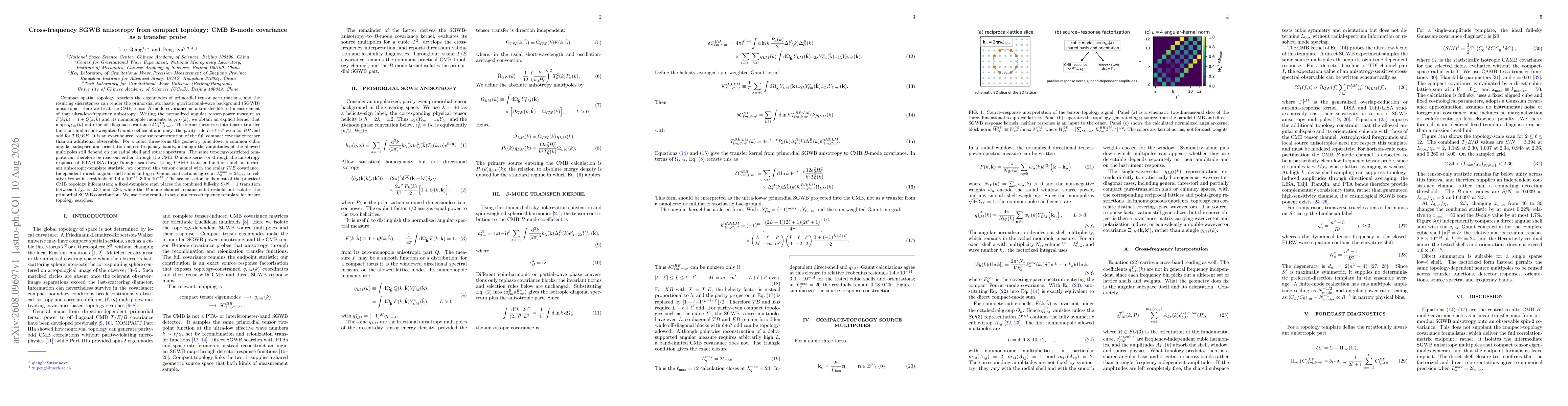 Thumbnail for Cross-frequency SGWB anisotropy from compact topology: CMB B-mode covariance as a transfer probe