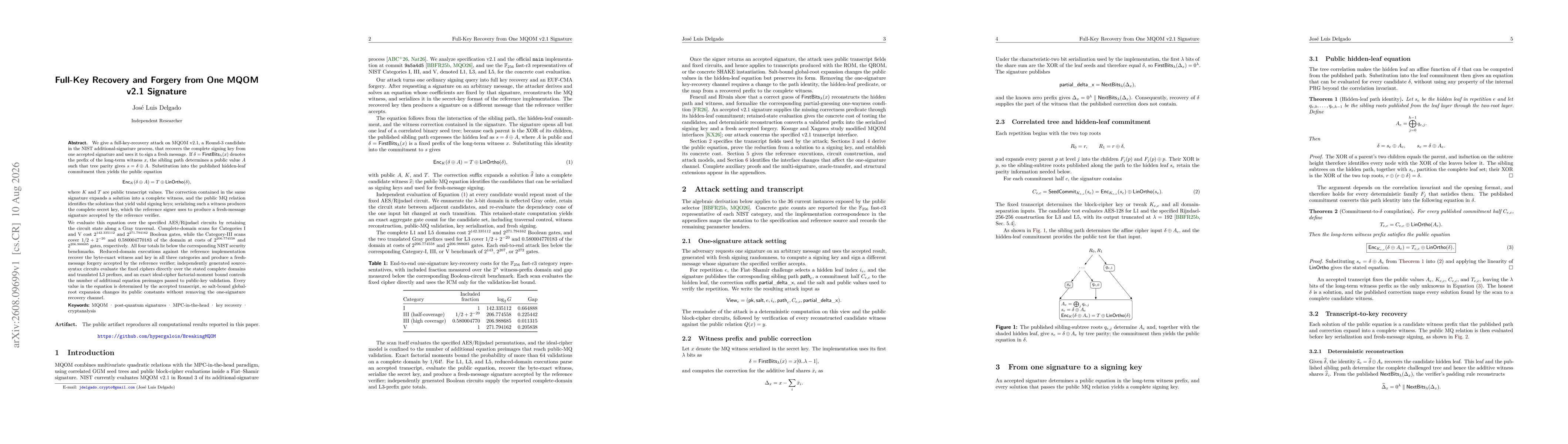 Thumbnail for Full-Key Recovery and Forgery from One MQOM v2.1 Signature
