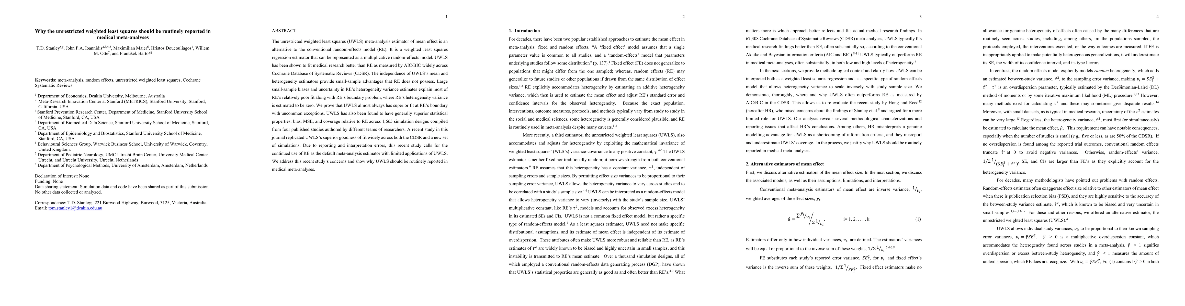 Thumbnail for Why the unrestricted weighted least squares should be routinely reported in medical meta-analyses