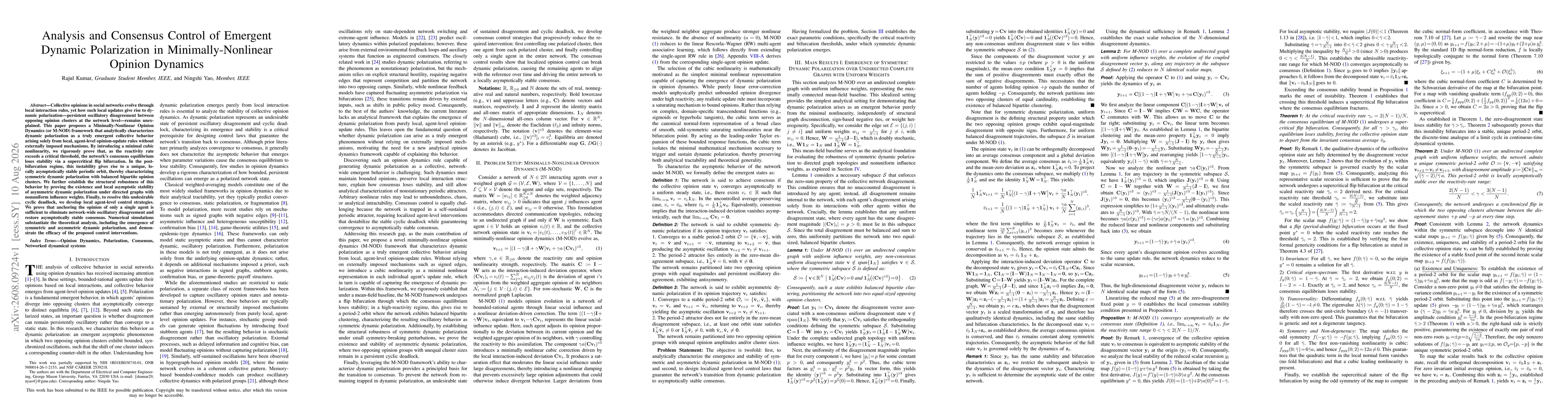 Thumbnail for Analysis and Consensus Control of Emergent Dynamic Polarization in Minimally-Nonlinear Opinion Dynamics