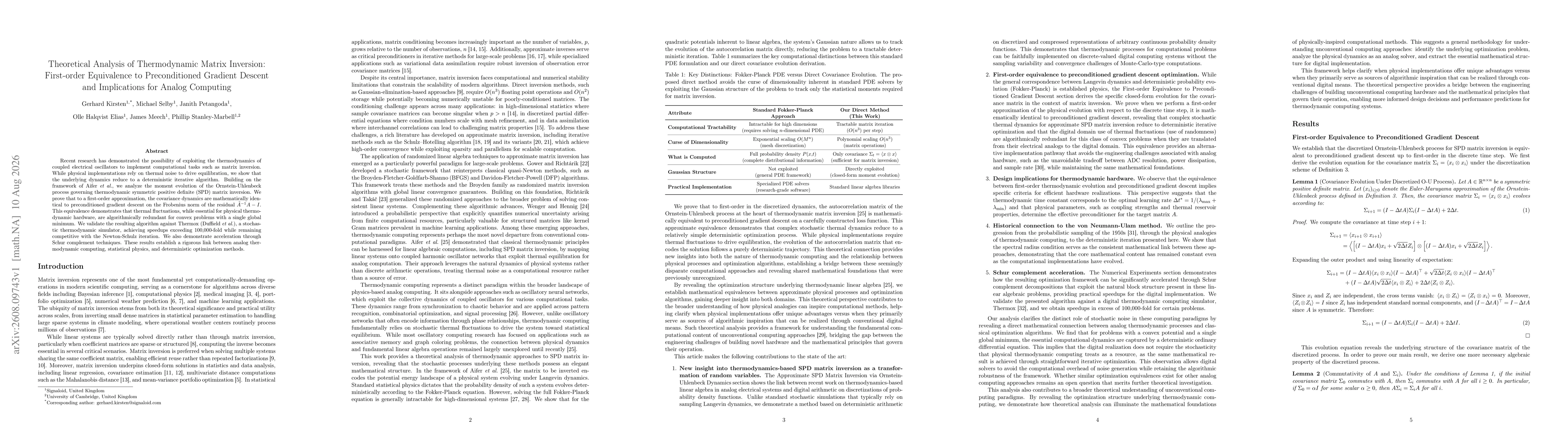 Thumbnail for Theoretical Analysis of Thermodynamic Matrix Inversion: First-order Equivalence to Preconditioned Gradient Descent and Implications for Analog Computing