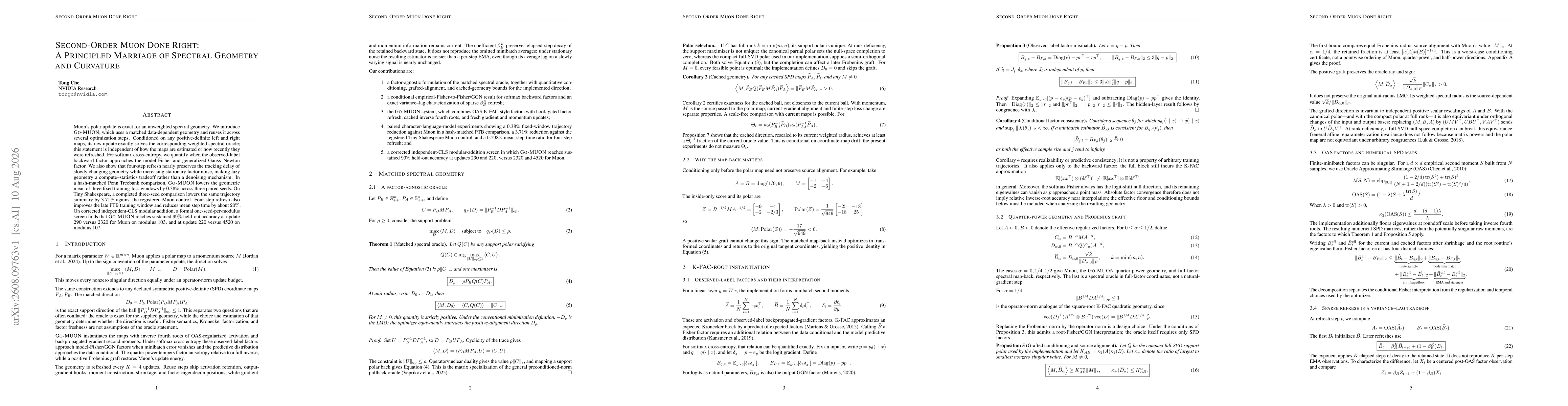 Thumbnail for Second-Order Muon Done Right: A Principled Marriage of Spectral Geometry and Curvature